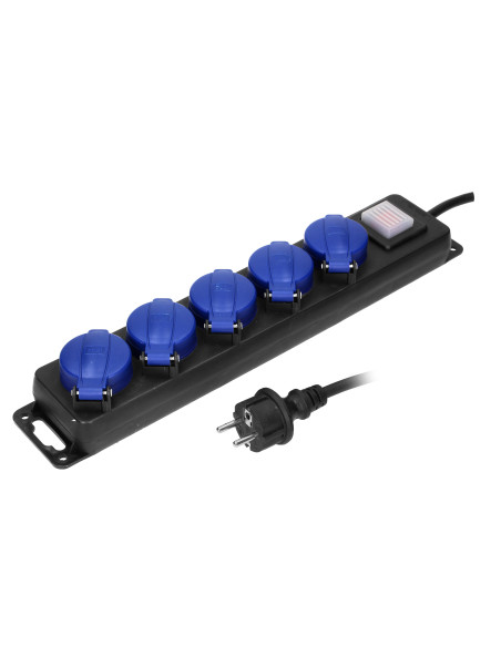  Przedłużacz warsztatowy bryzgoszczelny z wyłącznikiem, 5 gniazd 2P+Z (schuko), IP44, przewód gumowy, H05RR-F...