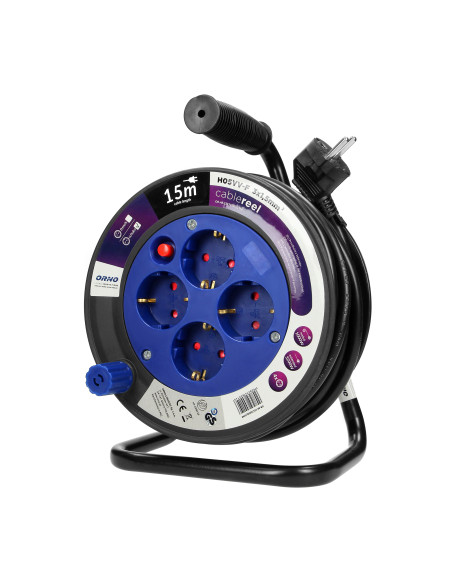 Przedłużacz bębnowy MINI, 4 gniazda 2P+Z (schuko), metalowy stojak, polwinit H05VV-F 3x1.5mm² - 15m