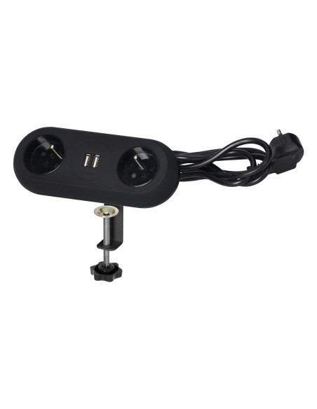 Gniazdo meblowe z uchwytem montażowym, ładowarką USB, 2 gniazda 2P+Z, 2xUSB, przewód 3x1,0mm² - 1,5m, czarne