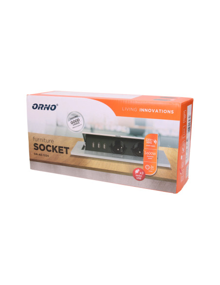 Gniazdo meblowe wpuszczane w blat z grubym rantem, 2x2P+Z, 3 porty USB, srebrne