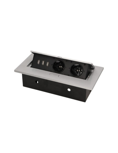 Gniazdo meblowe wpuszczane w blat z grubym rantem, 2x2P+Z, 3 porty USB, srebrne