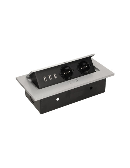 Gniazdo meblowe wpuszczane w blat z grubym rantem, 2x2P+Z, 3 porty USB, srebrne