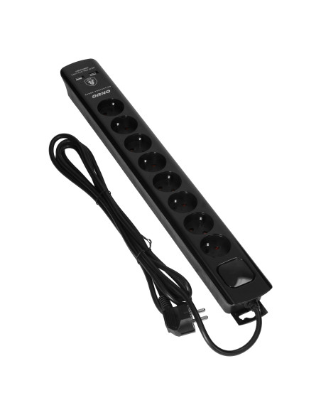  Listwa przeciwprzepięciowa, 8 gniazd 2P+Z, kabel 3x1,0mm2, 3m, z wyłącznikiem podświetlanym dwutorowym. 10A/230 VAC,...