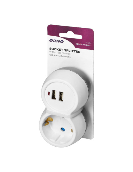 Rozgałęźnik 2P+Z (Schuko) z ładowarką 2xUSB, biało-szary