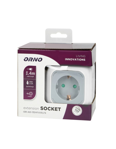 Przedłużacz 4x2P+Z (Schuko), ładowarka USB A+C, Quick charge, 1,4m H05VV-F 3x1,5mm², szary