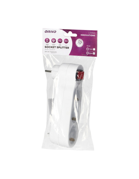 Rozgałęźnik 3x2P+Z (Schuko) z włącznikiem i wtyczką górną, biały