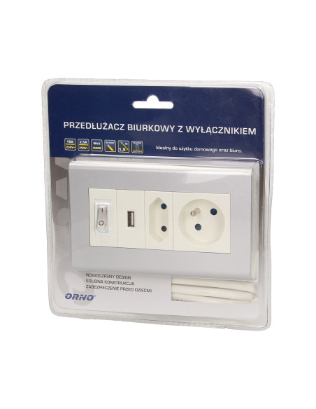 Przedłużacz biurkowy z wyłącznikiem i ładowarką, 1x2P+Z, 1x2P/II, 1xUSB, przewód 1,5m 3x1mm