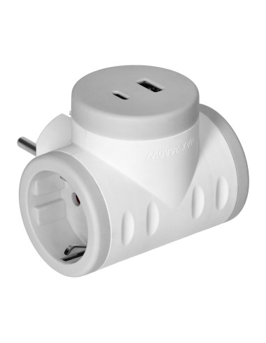 Rozgałęźnik 2P+Z (Schuko) z ładowarką 2xUSB,  szybkie ładowanie, biało-szary