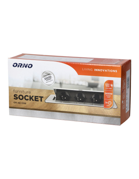 Gniazdo meblowe wpuszczane w blat z płaskim rantem, 3 gniazdami 2P+Z (Schuko), grafitowe, bez przewodu