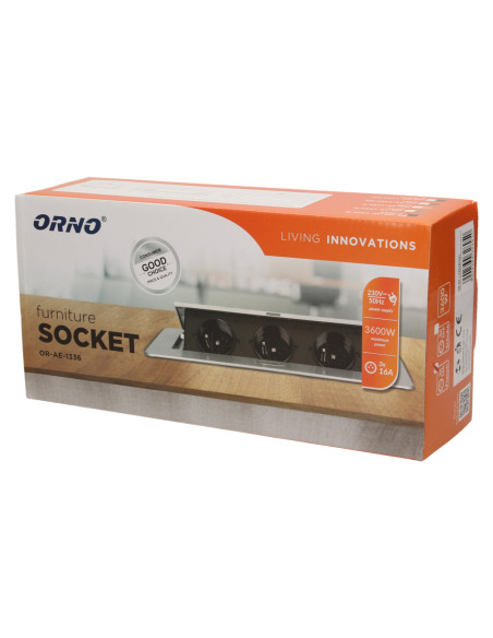 Gniazdo meblowe wpuszczane w blat z płaskim, frezowanym rantem, 3x2P+Z, mosiądz