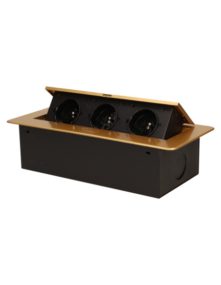 Gniazdo meblowe wpuszczane w blat z płaskim, frezowanym rantem, 3x2P+Z, złote