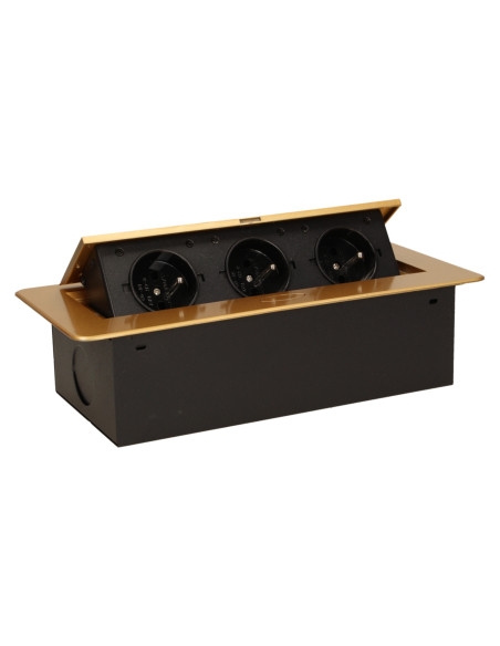 Gniazdo meblowe wpuszczane w blat z płaskim, frezowanym rantem, 3x2P+Z, złote