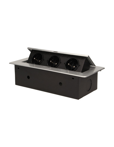 Gniazdo meblowe wpuszczane w blat z płaskim frezowanym rantem, 3x2P+Z, srebrne