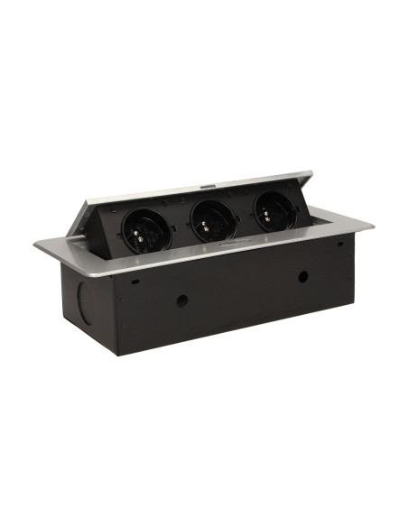 Gniazdo meblowe wpuszczane w blat z płaskim frezowanym rantem, 3x2P+Z, srebrne