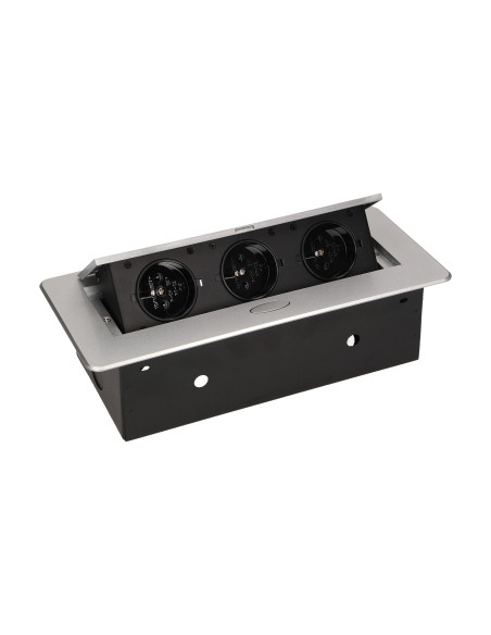 Gniazdo meblowe wpuszczane w blat z płaskim frezowanym rantem, 3x2P+Z, srebrne