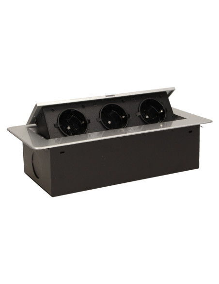 Gniazdo meblowe wpuszczane w blat z płaskim frezowanym rantem, 3x2P+Z, srebrne, wersja schuko