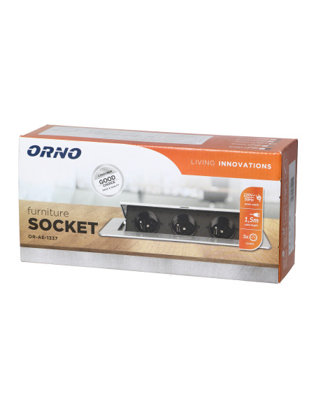 Gniazda meblowe w obudowie wpuszczanej w blat z płaskim frezowanym rantem i przewodem 1,5m, 3x2P+Z (Schuko), złote