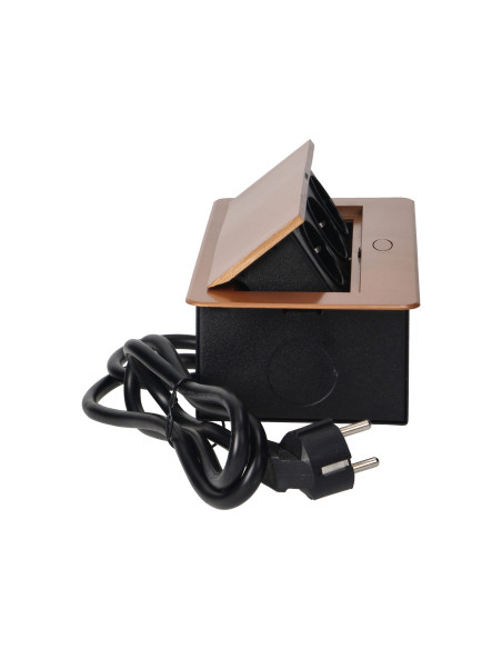 Gniazda meblowe w obudowie wpuszczanej w blat z płaskim frezowanym rantem i przewodem 1,5m, 3x2P+Z (Schuko), złote