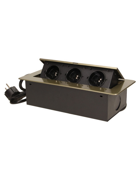 Gniazdo meblowe wpuszczane w blat z płaskim frezowanym rantem i przewodem 1,5m, 3x2P+Z, mosiądz