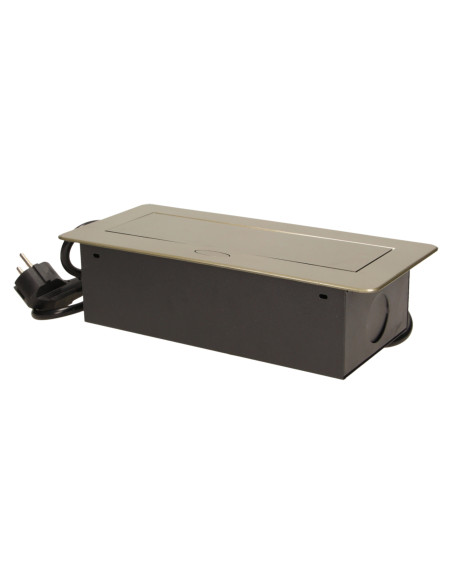 Gniazdo meblowe wpuszczane w blat z płaskim frezowanym rantem i przewodem 1,5m, 3x2P+Z, mosiądz