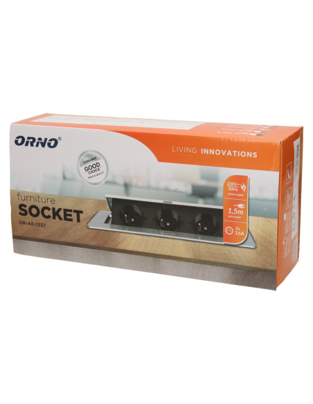 Gniazdo meblowe wpuszczane w blat z płaskim frezowanym rantem i przewodem 1,5m, 3x2P+Z, złote