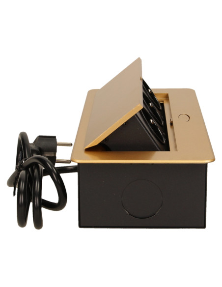 Gniazdo meblowe wpuszczane w blat z płaskim frezowanym rantem i przewodem 1,5m, 3x2P+Z, złote