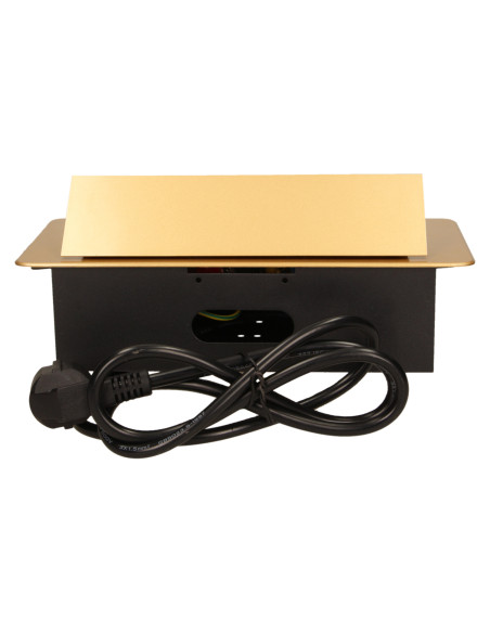 Gniazdo meblowe wpuszczane w blat z płaskim frezowanym rantem i przewodem 1,5m, 3x2P+Z, złote