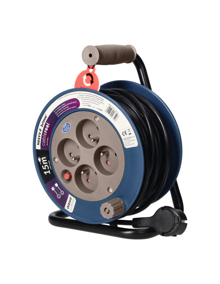 Przedłużacz bębnowy MINI, 4 gniazda 2P+Z, metalowy stojak, polwinit H05VV-F 3x1mm² , długość 15m, szary