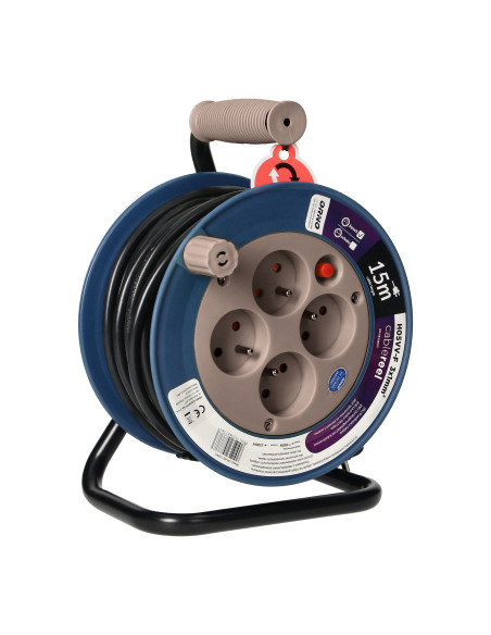 Przedłużacz bębnowy MINI, 4 gniazda 2P+Z, metalowy stojak, polwinit H05VV-F 3x1mm² , długość 15m, szary