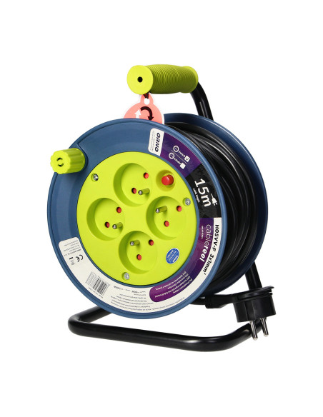 Przedłużacz bębnowy MINI, 4 gniazda 2P+Z, metalowy stojak, polwinit H05VV-F 3x1mm² , długość 15m, limonkowy