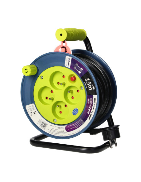 Przedłużacz bębnowy MINI, 4 gniazda 2P+Z, metalowy stojak, polwinit H05VV-F 3x1mm² , długość 15m, limonkowy