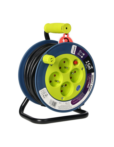 Przedłużacz bębnowy MINI, 4 gniazda 2P+Z, metalowy stojak, polwinit H05VV-F 3x1mm² , długość 15m, limonkowy