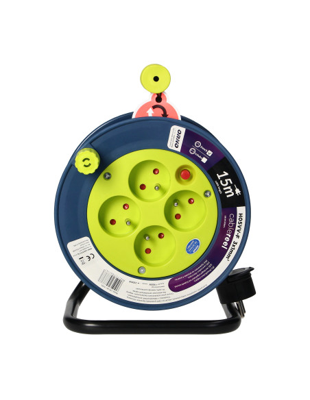 Przedłużacz bębnowy MINI, 4 gniazda 2P+Z, metalowy stojak, polwinit H05VV-F 3x1mm² , długość 15m, limonkowy