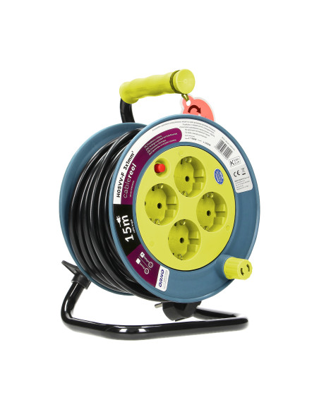  Przedłużacz bębnowy MINI, 4 gniazda 2P+Z, metalowy stojak, polwinit H05VV-F 3x1mm² , długość 15m, limonkowy,...