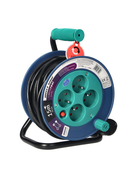 Przedłużacz bębnowy MINI, 4 gniazda 2P+Z, metalowy stojak, polwinit H05VV-F 3x1mm², długość 15m, turkusowy