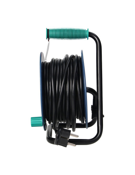 Przedłużacz bębnowy MINI, 4 gniazda 2P+Z, metalowy stojak, polwinit H05VV-F 3x1mm², długość 15m, turkusowy