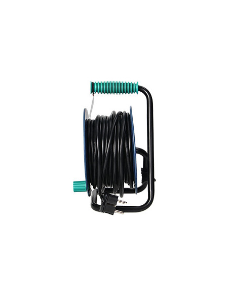 Przedłużacz bębnowy MINI, 4 gniazda 2P+Z, metalowy stojak, polwinit H05VV-F 3x1mm², długość 15m, turkusowy