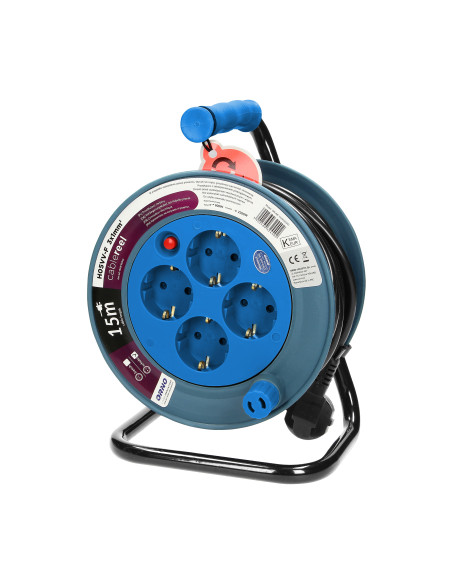  Przedłużacz bębnowy MINI, 4 gniazda 2P+Z, metalowy stojak, polwinit H05VV-F 3x1mm² , długość 15m, turkusowy,...