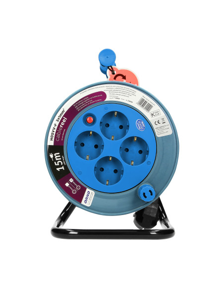  Przedłużacz bębnowy MINI, 4 gniazda 2P+Z, metalowy stojak, polwinit H05VV-F 3x1mm² , długość 15m, turkusowy,...