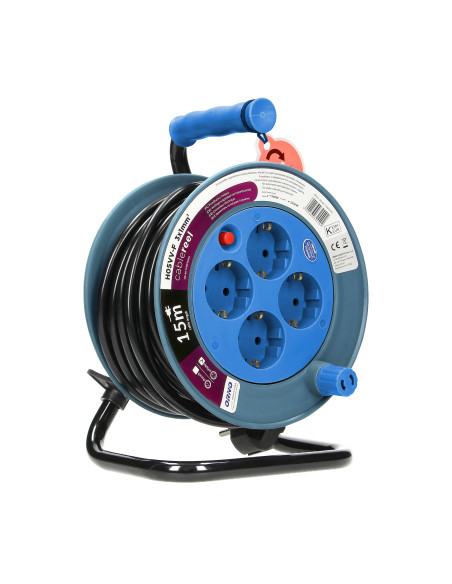  Przedłużacz bębnowy MINI, 4 gniazda 2P+Z, metalowy stojak, polwinit H05VV-F 3x1mm² , długość 15m, turkusowy,...