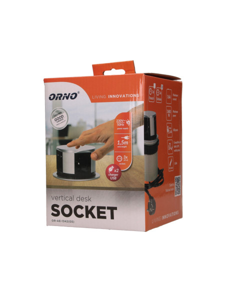 Gniazdo meblowe Ø10cm wysuwane z blatu z ładowarką USB i przewodem 1,5m, 3x2P+Z, 2xUSB, wersja schuko