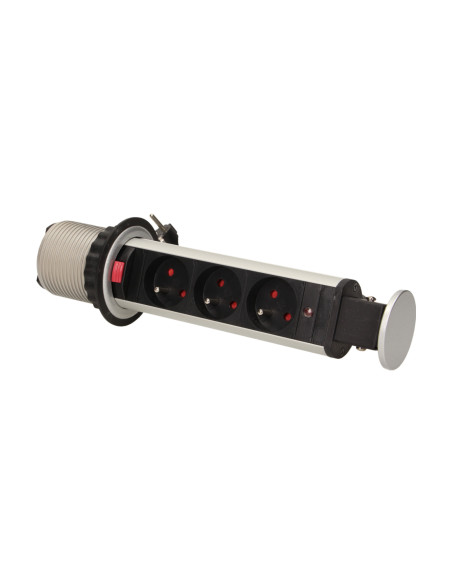 Gniazdo meblowe Ø6cm wysuwane z blatu z blokadą i przewodem 1,8m, 3x2P+Z, srebrne