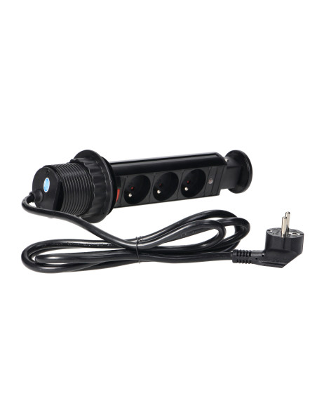 Gniazdo meblowe Ø6cm wysuwane z blatu z blokadą i przewodem 1,8m, 3x2P+Z, czarne