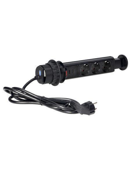 Gniazdo meblowe Ø6cm wysuwane z blatu z ładowarką USB, blokadą i przewodem 1,8m, 3x2P+Z (Schuko), czarne