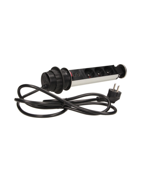 Gniazdo meblowe Ø6cm wysuwane z blatu z ładowarką USB, blokadą i przewodem 1,8m, 3x2P+Z, 2xUSB, INOX