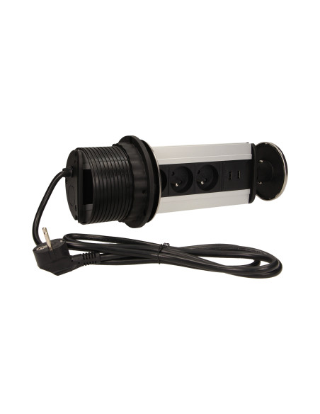 Gniazdo meblowe Ø10cm wysuwane z blatu z ładowarką USB i przewodem 1,8m, 3x2P+Z, 2xUSB, INOX
