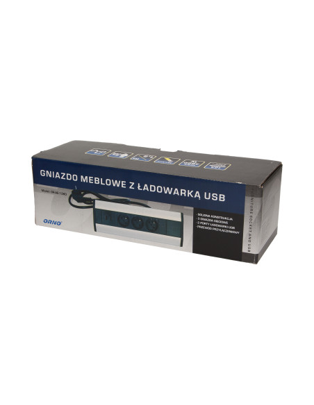 Gniazdo meblowe z ładowarką USB i przewodem 1,8m, 3x2P+Z, 2xUSB