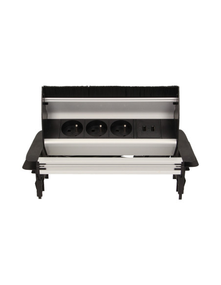 Gniazdo meblowe wpuszczane w blat ze szczotką przeciwkurzową, ładowarką USB i przewodem 1,8m, 3x2P+Z, 2xUSB