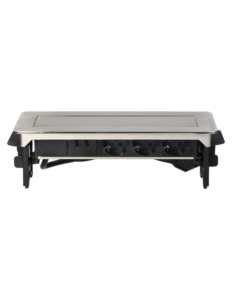 Gniazdo meblowe wpuszczane w blat w niklowanej obudowie z ładowarką USB i przewodem 1,8m, 3x2P+Z (Schuko), 2xUSB