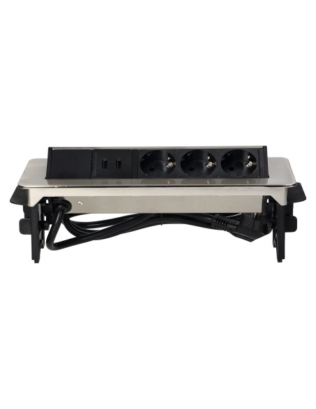 Gniazdo meblowe wpuszczane w blat w niklowanej obudowie z ładowarką USB i przewodem 1,8m, 3x2P+Z (Schuko), 2xUSB